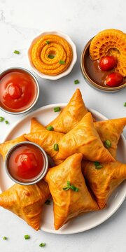 Crisp veg samosas with sweet jalebi snack combination, crunchy, Indian snacks