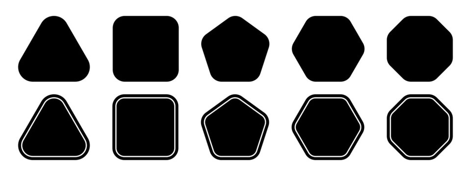 Collection of black geometric figures with rounded corners and inner borders. Triangle and square, pentagon, hexagon and octagon shapes isolated on white background. Vector graphic illustration.