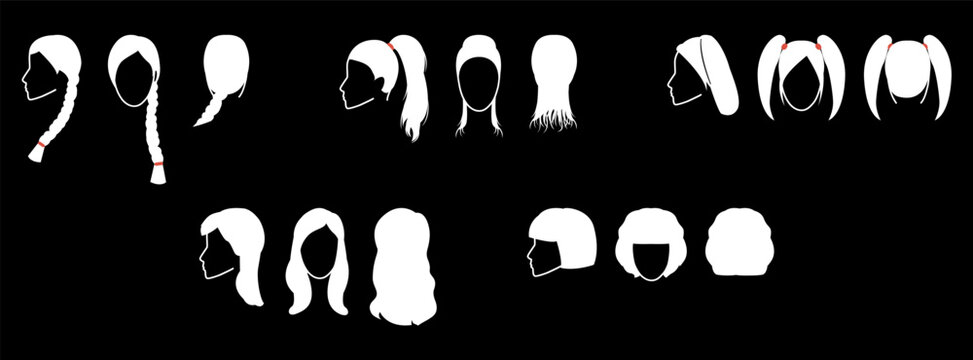 Styled hair looks silhouettes set including braid, curl under, pigtails, blowout and slicked back styles, multi angle views, white shapes on black background for icons and UI