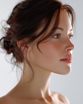 横顔の若い女性の美しい肌と繊細な表情。美容やスキンケア、ファッション関連の広告や記事に最適なイメージ