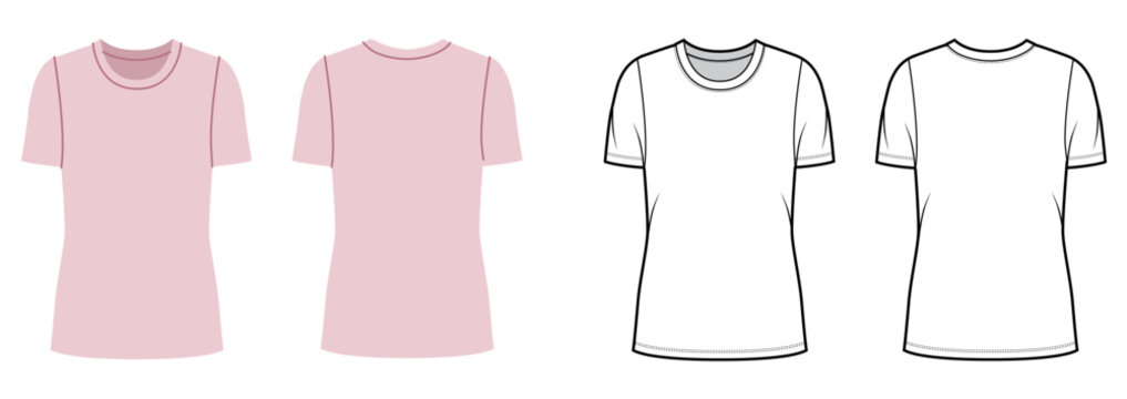 Short sleeve basic tee fitted silhouette, clean construction lines smooth shaping, minimal design suitable everyday casual wear. Technical fashion illustration in black white color, front back views
