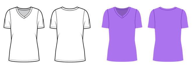 Naklejka premium Short sleeve V neck top with fitted silhouette, clean construction lines minimal structure simple casual suitable everyday wear. Technical fashion illustration in black white color, front back views