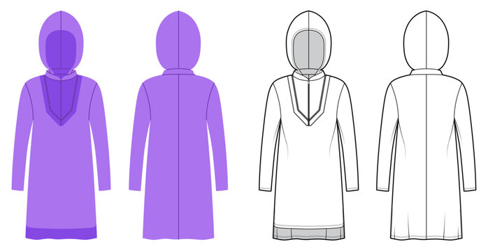 Hooded long sleeve dress decorative neckline detail, relaxed silhouette clean construction lines, soft shaping minimal structure. Technical fashion illustration in black white color, front back views