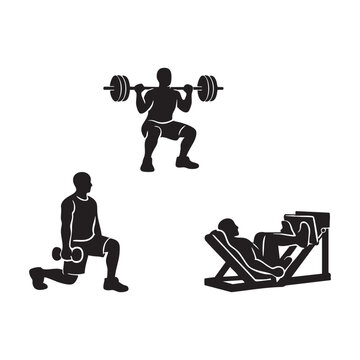 Minimal Lower Body Strength Exercise Icons.barbell squat, dumbbell lunge, and leg press exercises