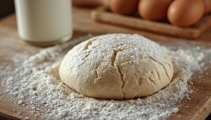 Fototapeta premium Raw bread dough dusted with flour, ready for baking. Includes milk and eggs for cooking concepts.