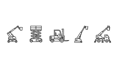 Black and white lifting equipment icon set with construction machines boom lift forklift and aerial platform vector isolated on white © MD