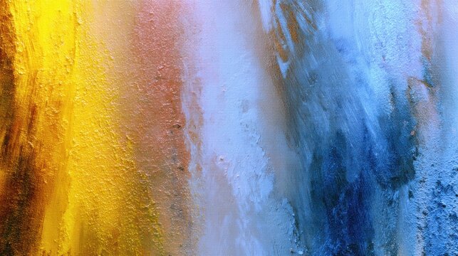 Vibrant textured artwork displays dramatic color transition from warm yellow to cool blue tones.