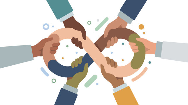 Diverse group of hands joining together in teamwork circle.