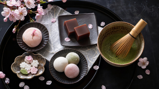 Japanese Wagashi Sweets and Matcha Tea Flat Lay Traditional Aesthetic
