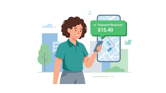 Woman using mobile payment with card.