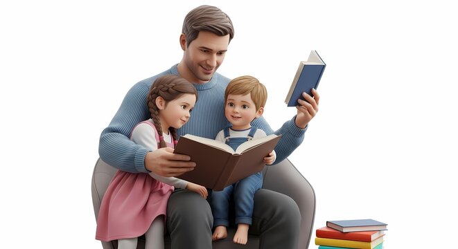 Father reading to children illustrated with soft lighting and neutral background