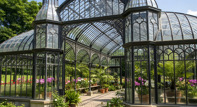 Large Glass Greenhouse Structure Interior.