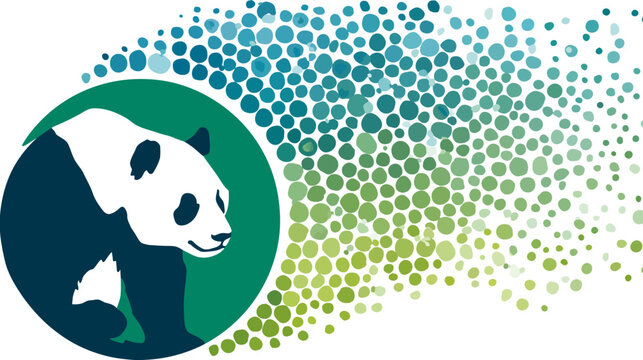 A panda illustration inside a circle, dots create a colorful effect against a white background