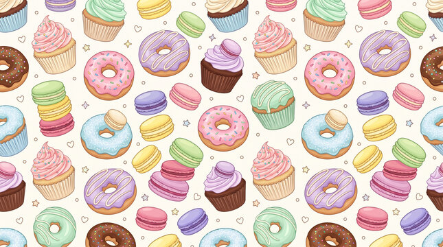 seamless pattern withcolorful donuts and capcake