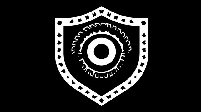 A stylized shield emblem, featuring concentric circles with gear-like details, and a decorative border