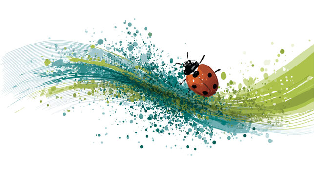 A vibrant image of a ladybug on an abstract splash design with teal, green, and white colors