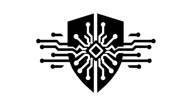 Black shield design with a circuit board element, depicting a concept related to digital security