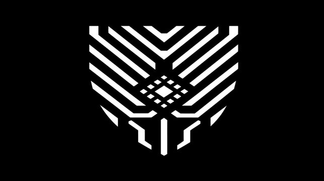 Black and white abstract geometric design, resembling a shield or mask