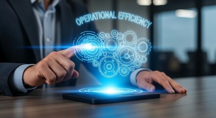 Fototapeta premium Operational efficiency concept. A manager's hands interact with a hologram of 'gears' turning in perfect sync, symbolizing operational efficiency.