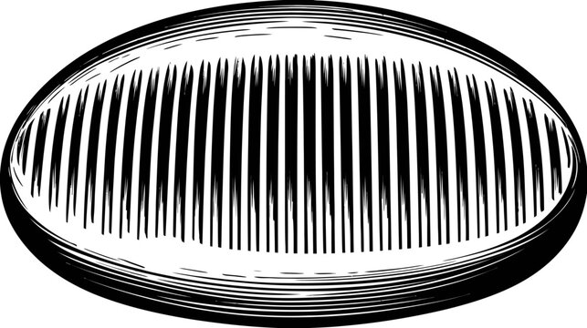 A monochrome illustration of an oblong shape with vertical black lines and a stylized border