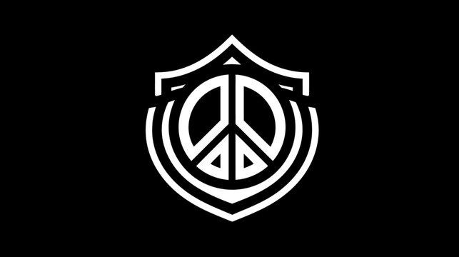 A white peace symbol in a shield outline on a black background, with concentric circles