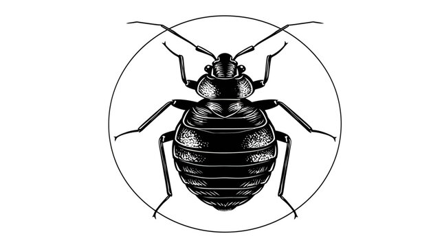 Intricate black and white illustration of a bed bug within a circular frame, top view