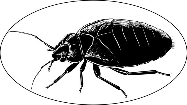 A detailed black and white illustration of a bed bug in an oval frame