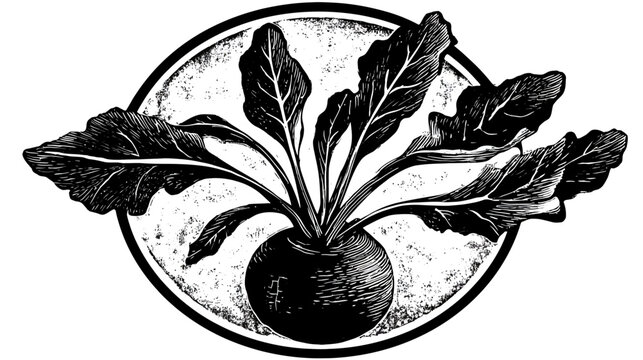 A vintage-style image of a beetroot plant in a black and white woodcut design set within a circle