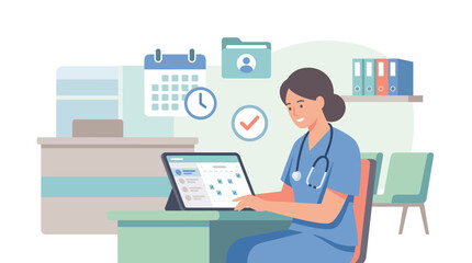 Fototapeta premium Nurse at desk using laptop in clinic.