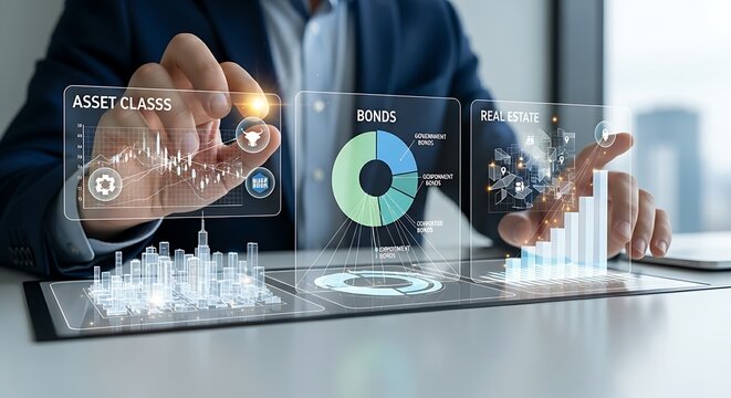 Asset management concept. A portfolio manager's hands arrange different 'asset classes' (stocks, bonds, real estate) on a holographic dashboard.