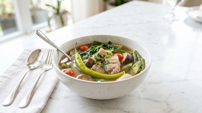 Authentic Pinoy Sinigang on white bowl with copy space area