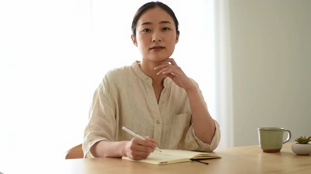 Young asian woman in cream linen shirt at light-wood desk, scribbling in notebook, lifts head with serene smile and reflective gaze. Sun-drenched modern apartment, soft bokeh. Dolly push-in from