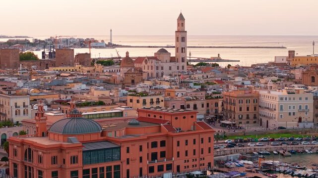 Aerial sunrise view over the historic old town of Bari, Puglia, Italy