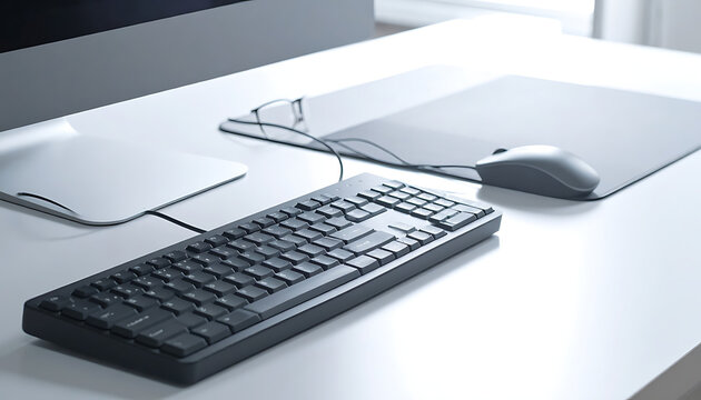 Modern computer desk setup with keyboard, mouse, and mousepad, clean workspace with monitor, office technology, focused work environment