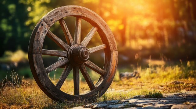 Old Wooden Carriage Wheel Leaning on Dry Grass