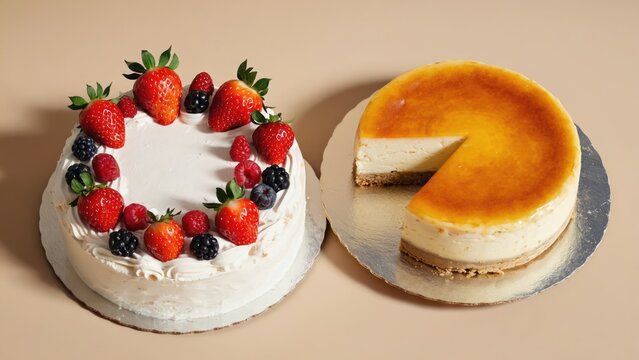 Delicious cakes with fresh berries and golden crust on display