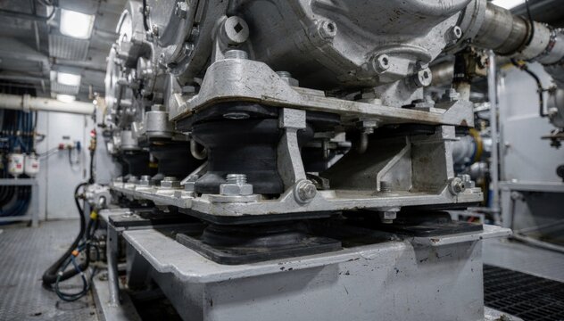 Medium shot of rubber mounts absorbing vibrations beneath a heavy marine engine showcasing durable isolation technology in a maritime setting.