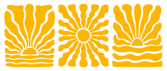 Naklejka premium Set of vertical posters with groovy sun and sea silhouettes. Wavy orange rays. Groovy sunburst, sunrshine or sunlight wallpapers. Summer theme prints. Positive vibes designs. Vector flat illustration.