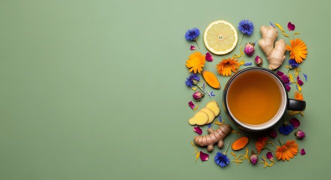 Cup of herbal tea with ginger turmeric lemon and flowers on green background.