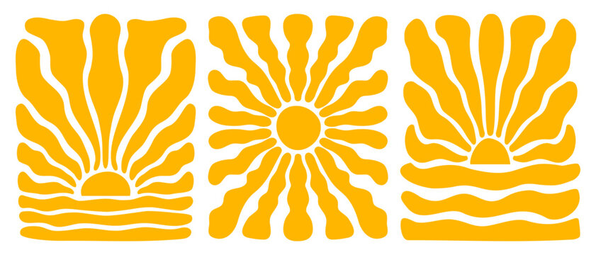 Set of vertical posters with groovy sun and sea silhouettes. Wavy orange rays. Groovy sunburst, sunrshine or sunlight wallpapers. Summer theme prints. Positive vibes designs. Vector flat illustration.