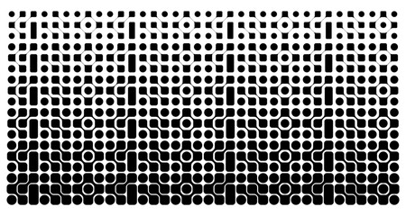 Connected metaballs pattern with fade effect. Vanishing irregular amorphous shapes texture. Linked liquid drops, neurons, molecules or cells transition background. Vector graphic illustration.