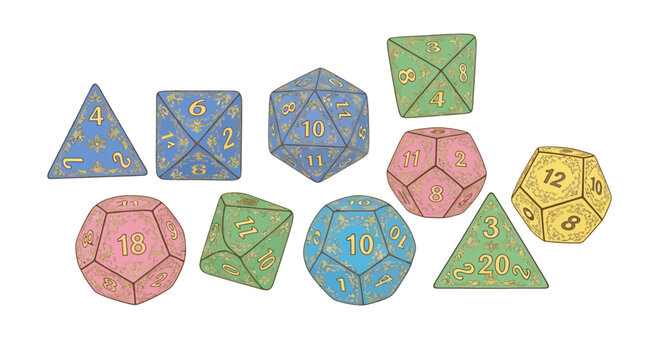 Collection of Polyhedral Dice for Tabletop Games, Isolated on White Background