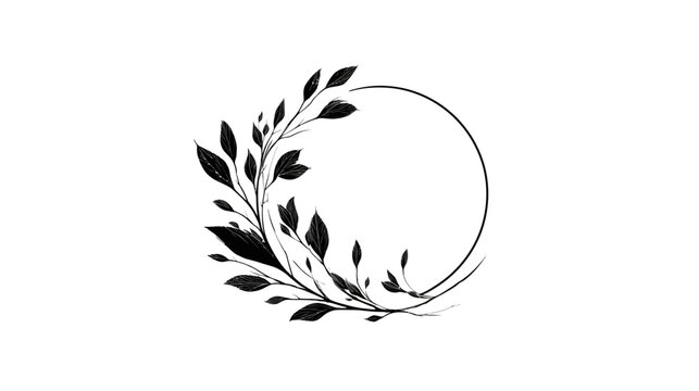 Elegant black and white botanical frame with leafy branches forming a minimalist circle. Organic nature design element.