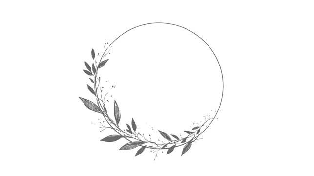 Elegant hand-drawn botanical circular frame with delicate greyscale leaves and branches. Minimalist nature-inspired wreath design.