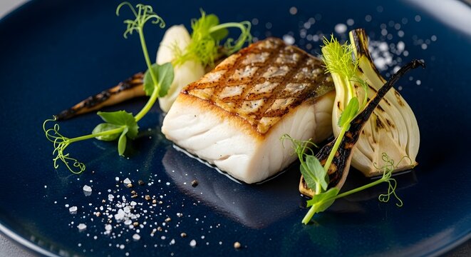 Grilled white fish fillet served with roasted fennel and microgreens on a dark blue plate.