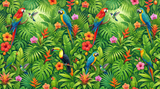 seamless pattern with parrot and colorful flowers