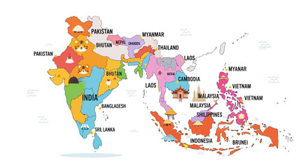 Naklejka premium Colorful Cartoon Map of Southeast Asia with Landmarks and Country Names