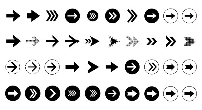 Collection of Various Arrow Icons and Symbols on White Background, Web Design Elements