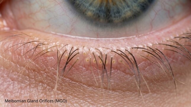 Extreme macro view of meibomian gland orifices located along the lower eyelid edge line.