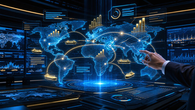 Global Logistics and Data Analytics Concept. Businessman Interacting with Futuristic Digital World Map Hologram, Charts, and Cargo Ship Icons in High-Tech Command Center.